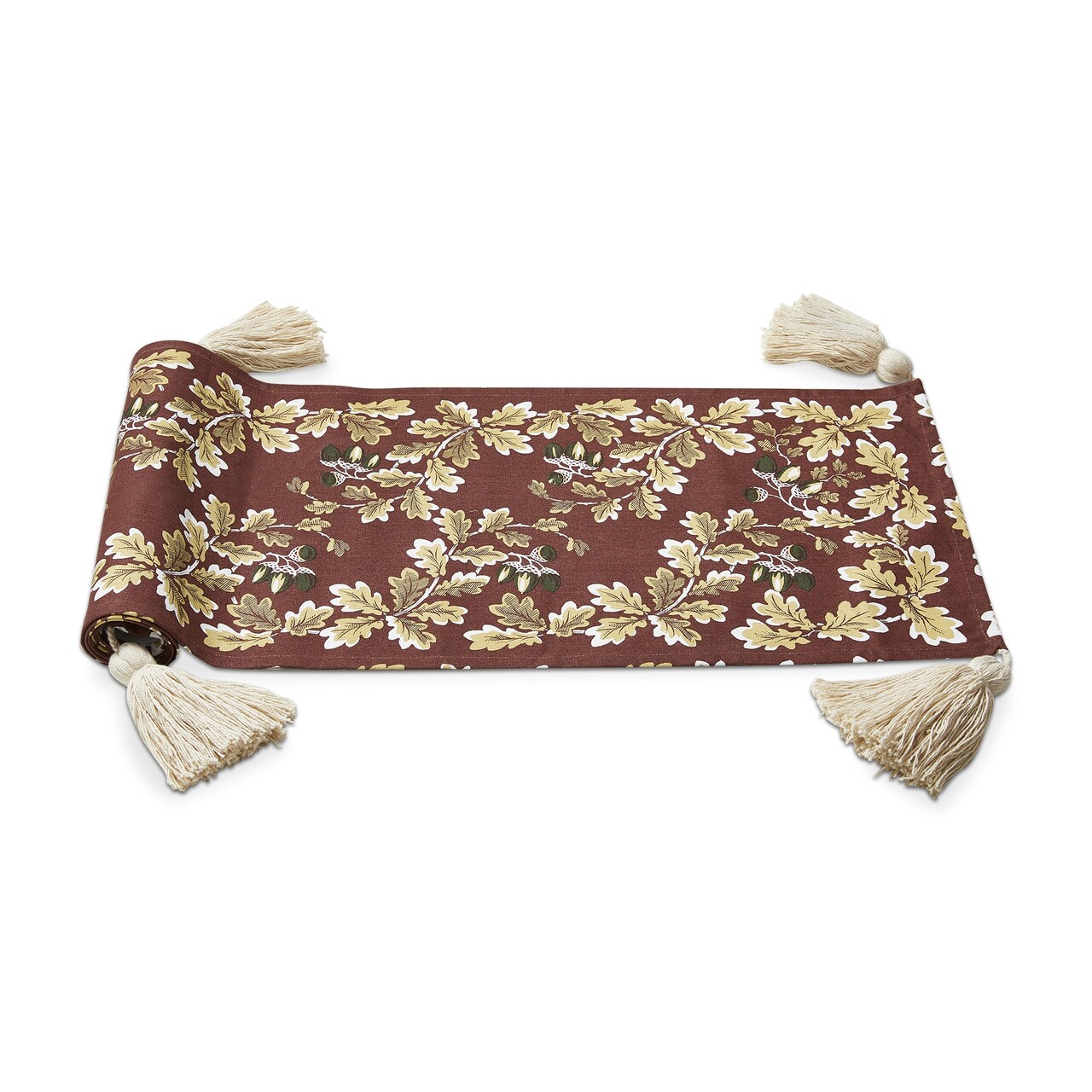 Harvest Fall Oak Leaf & Acorn Table Runner with Tassels on Brown Background Runner 72 in.